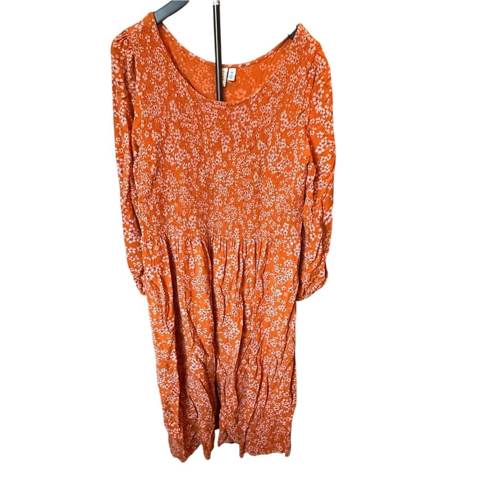 Susina Orange Floral Smocked Midi Dress - Long Sleeve Boho Prairie Style